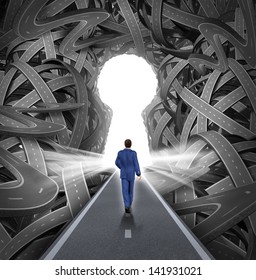 Direction solutions as a business leadership concept with a businessman walking to a glowing key hole shape opening as a straight path to success through a confused maze of tangled roads or highways.