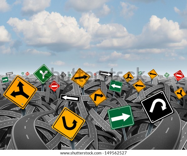 方向性の不確実さ 混乱した道路や高速道路の風景 そして成功のための戦略を立てる上での課題の象徴として 影響を求めて競い合う交通標識のグループ の イラスト素材