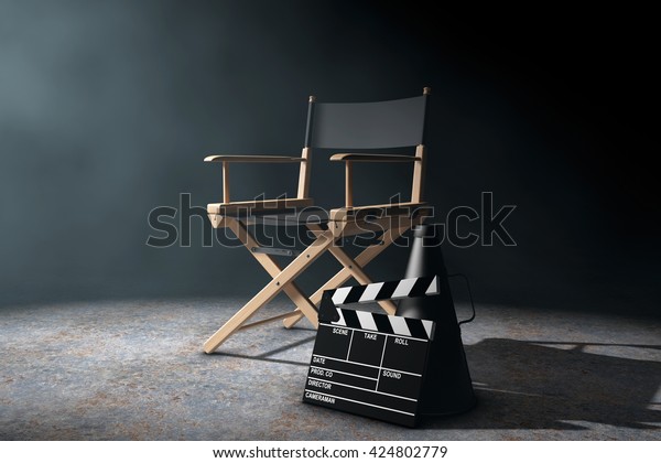 Director Chair, Movie\
Clapper and Megaphone in the volumetric light on a black\
background. 3d\
Rendering