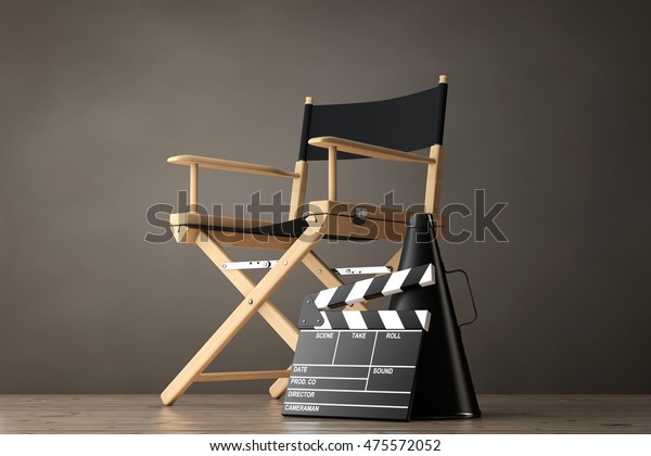Director Chair, Movie Clapper and Megaphone on\
a wooden floor. 3d\
Rendering