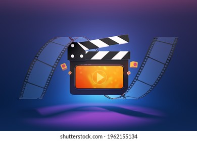 Director Movie Film Entertainment Social Media Play Online Streaming Service Music Television Series Library Internet Home Public Live Record Video On Smartphone. Clipping Path. 3D Illustration.