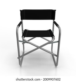 Directors Chair 3d Render Of An Aluminum Constructed Folding Directors Chair With Black Seat Material And Black Back Rest With Stitch Lines Isolated On A White Background, Front View