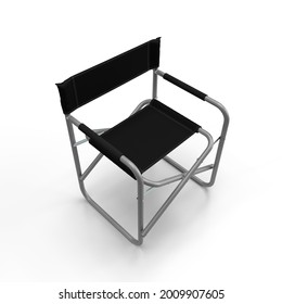 Directors Chair 3d Render Of An Aluminum Constructed Folding Directors Chair With Black Seat Material And Black Back Rest With Stitch Lines Isolated On A White Background, Perspective View.