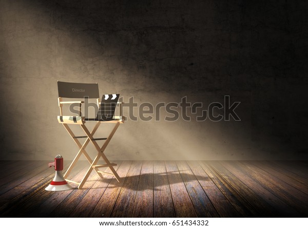 Director\'s chair with\
clapper board and megaphone in dark room scene with spotlight\
light, 3D\
rendering