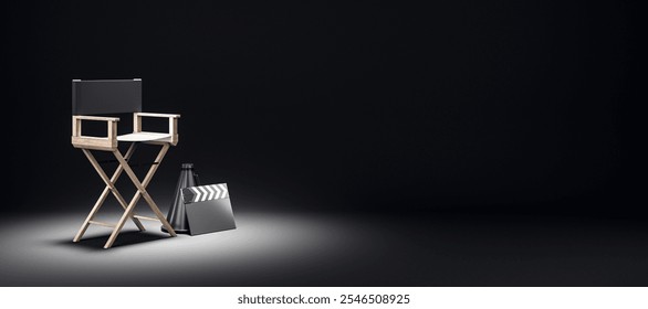 A director's chair and clapperboard are highlighted on a dark background, symbolizing film production and creativity. 3D Rendering - Powered by Shutterstock