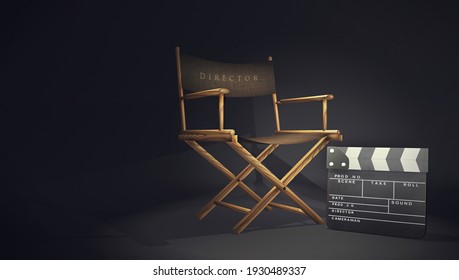 Directors Movies Concept With A Chair And A Clapperboard Under The Spotlight. A 3D Rendering Symbol Of Movies, With Dark Black Background