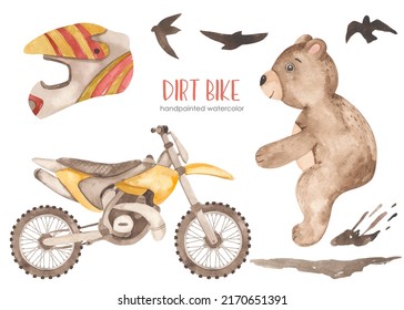 Dirt bike  bear racer  birds  dirt  helmet Watercolor set