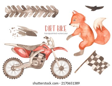 Dirt bike  fox racer  birds  dirt  tire track  tread  flag Watercolor set 