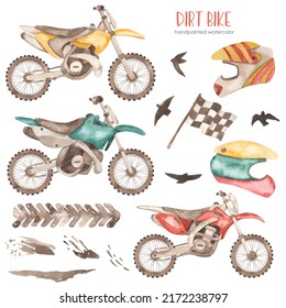 Dirt bikes  helmets  flag  mud  tire tread  birds Watercolor set 