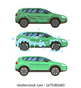 Dirty Car Wash. Messy City Traffic Automobile, Steps Of Cleaning Car Washing From Dirty And Muddy To Neat And Clean  Isolated Illustration Set, Washer Service Infographic