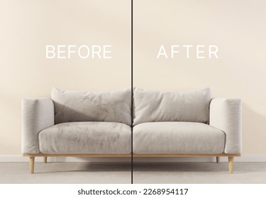 Dirty and clean sofa before and after dry. 3d illustration - Shutterstock ID 2268954117