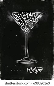 Dirty Martini Cocktail Lettering Dry Vermouth, Gin, Olive In Vintage Graphic Style Drawing With Chalk On Chalkboard Background