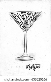 Dirty Martini Cocktail Lettering Dry Vermouth, Gin, Olive In Vintage Graphic Style Drawing On Dirty Paper Background