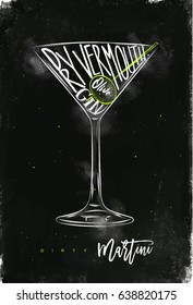 Dirty Martini Cocktail Lettering Dry Vermouth, Gin, Olive In Vintage Graphic Style Drawing With Chalk And Color On Chalkboard Background