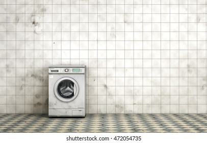 Dirty Washing Machine In The Empty Dirty Room In Grunge Style. Tiled Room. 3d Illustration