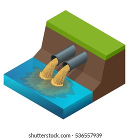Dirty waste water. Discharge of liquid chemical waste. The danger for the environment. Flat 3d isometric illustration. For infographics and design 