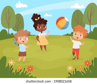 Disability Kids Playing. Unhealthy Handicapped Children Walking Outdoor Wheelchair Background