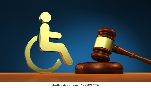 Disability Law, Social Services And Legal Acts For Disabled People Concept With A Judge Gavel And A Wheelchair Icon 3D Illustration.