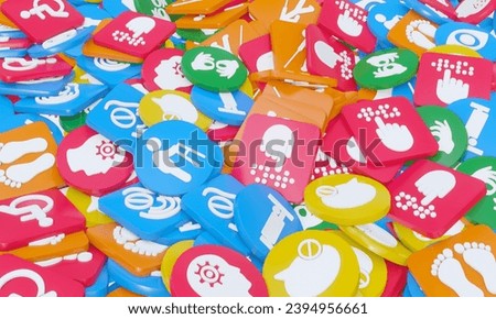 Disability signs on plastic cubes and circles. 3D Rendering.