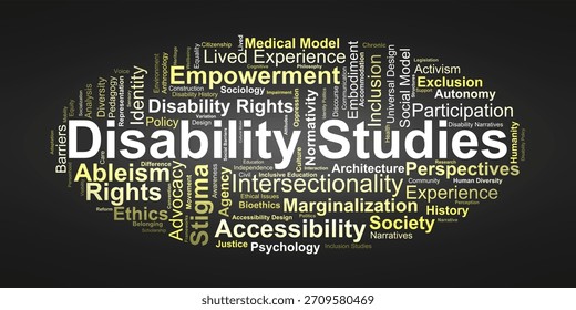 Disability Studies Word Cloud. A collection of core terms highlighting inclusion, social barriers, rights, representation, and the lived experiences that shape disability scholarship.