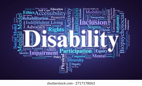 Disability Word Cloud. Comprehensive Map of Impairments, Social Models, and Barriers. Highlights Accessibility, Inclusion, and Rights for Diverse Physical and Cognitive Conditions.
