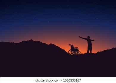 Disabled Man Standing Up From Wheelchair