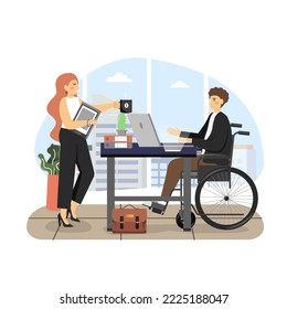 Disabled Man Using Wheelchair Working On Laptop Computer In Office, Flat Illustration. Girl Giving Cup Of Coffee To Handicapped Business Man. Disabled People Lifestyles. Disability Employment.