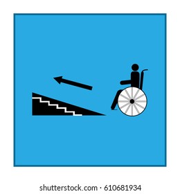 Disabled Ramp Up Isolated Sign. Mark Disability. Icon A Place Open Passage, Rampant Up. Symbol Paralyzed And Human On Wheelchair. Safety Person Handicapped. Design Element. Illustration