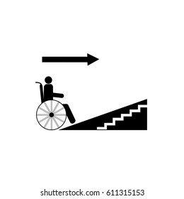 Disabled Ramp Up Isolated Sign. Mark Disability. Icon A Place Open Passage, Rampant Up. Symbol Paralyzed And Human On Wheelchair. Safety Person Handicapped. Design Element. Illustration