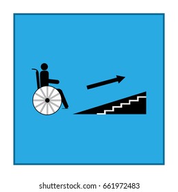 Disabled Ramp Up Isolated Sign. Mark Disability. Icon A Place Open Passage, Rampant Up. Symbol Paralyzed And Human On Wheelchair. Safety Person Handicapped. Design Element. Illustration