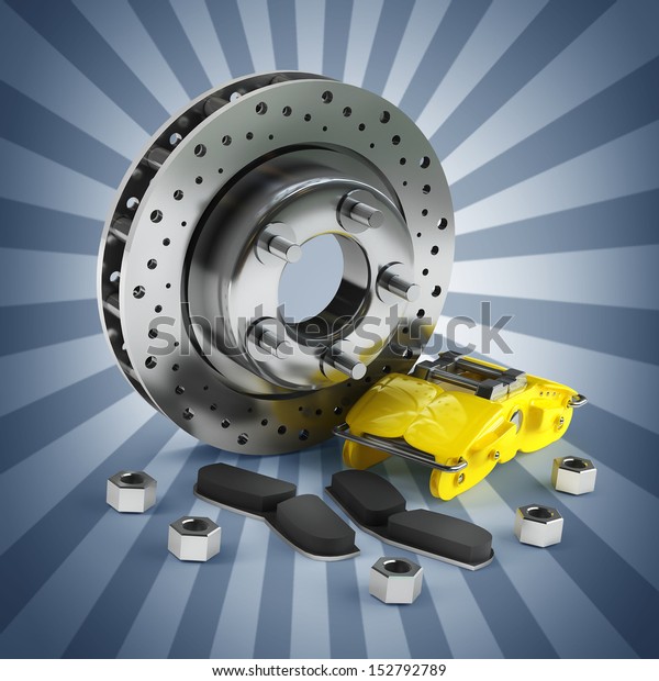 Disassembled Brake Disc with yellow Calliper\
from a Racing Car High resolution 3d render\
