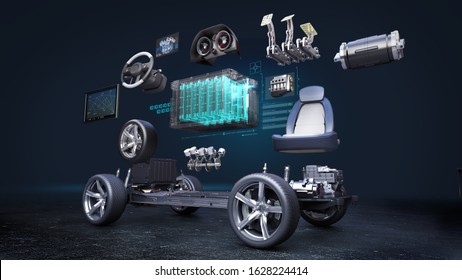 Disassembled Car, Electronic, Hydrogen, Lithium Ion Battery Echo Car. Charging Car Battery. Eco-friendly Future Car. 3D Rendering.