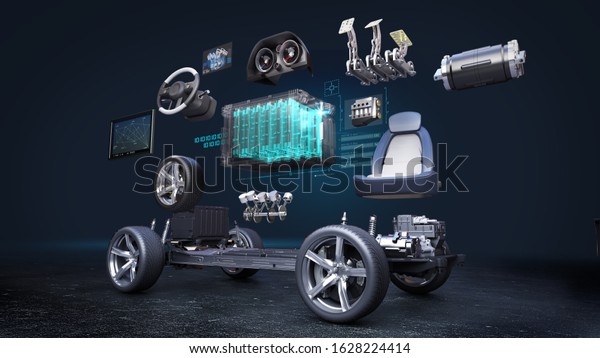 Disassembled car, Electronic, hydrogen,\
lithium ion battery echo car. Charging car battery. eco-friendly\
future car. 3D\
rendering.