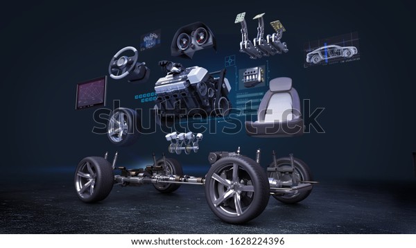 Disassembled car, engine, safety seat,\
Instrument panel, navigation, Accelerator pedal, car audio video\
system, tires, future car. 3D\
rendering.