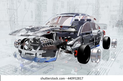 Disassembled Car On The Background Of The Drawing.,3d Render