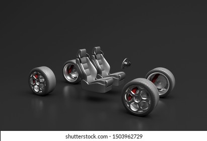 Disassembled Sports Car Parts On A Black Background. Wheels, Steering Wheel And Car Seats. Auto Parts Assembly. Creative Conceptual Illustration. 3D Rendering.