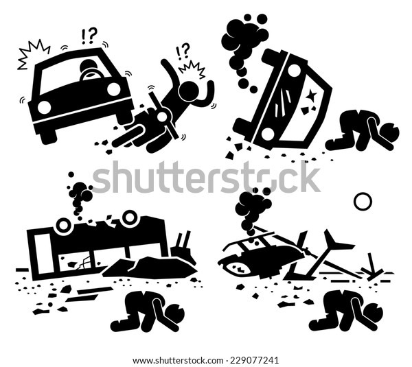 Disaster\
Accident Tragedy of Car Motorcycle Collision, Bus Crash, and\
Helicopter Mishap Stick Figure Pictogram\
Icons