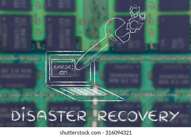 Disaster Recovery: Oversized Wrench Coming Out Of Laptop Screen