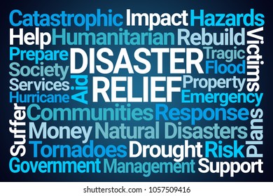 Disaster Relief Word Cloud On Blue Background