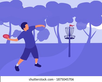 Disc Golf Poster Or Banner Illustration. Disc Golf Player Throwing A Disc In The Park