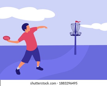 Disc Golf Poster Or Banner Illustration. Disc Golf Player Throwing A Disc In The Park