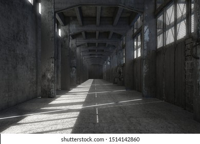 Discarded factory corridor with sunlight. 3d render - Shutterstock ID 1514142860