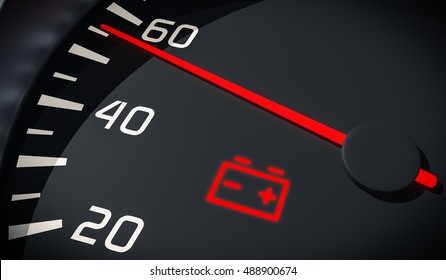 Discharged battery warning light in car dashboard. 3D rendered illustration. Close up view.