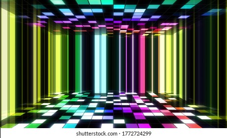 Disco Dance Floor Room Illumination Square Light Panel Abstract 3D Illustration Background.