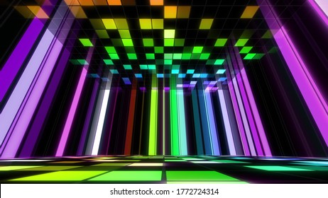 Disco Dance Floor Room Illumination Square Light Panel Abstract 3D Illustration Background.