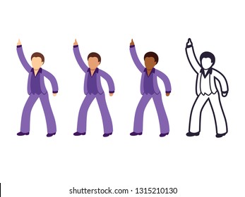 Disco Dancing Man Emoji Set With Different Skin Tone Color And Black And White Line Icon. Isolated Illustration Collection.