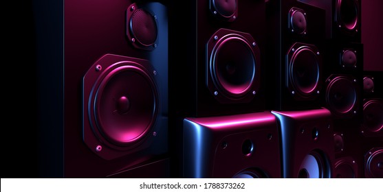 Disco Floor Party Laser Neon Purple Blue Violet Sci Fi Futuristic Glowing Club Dance Loud Speakers Reflective Floor Realistic Background Music Studio Hi Tech 3D Rendering  Illustration