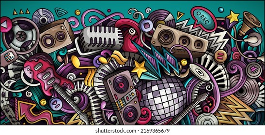 Disco Music hand drawn doodle banner. Cartoon detailed flyer. Musical identity with objects and symbols. Color raster design elements background - Powered by Shutterstock