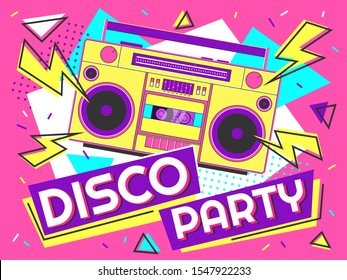 Disco Party Banner. Retro Music Poster, 90s Radio And Tape Cassette Player Funky Colorful Design. Memphis Music Parties, 80s Advertising Audio Poster  Background Illustration