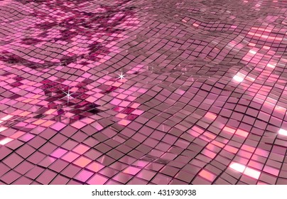 Disco sea. pink mirror waves. 3D illustration of shiny reflection of water like  background. 3D rendering